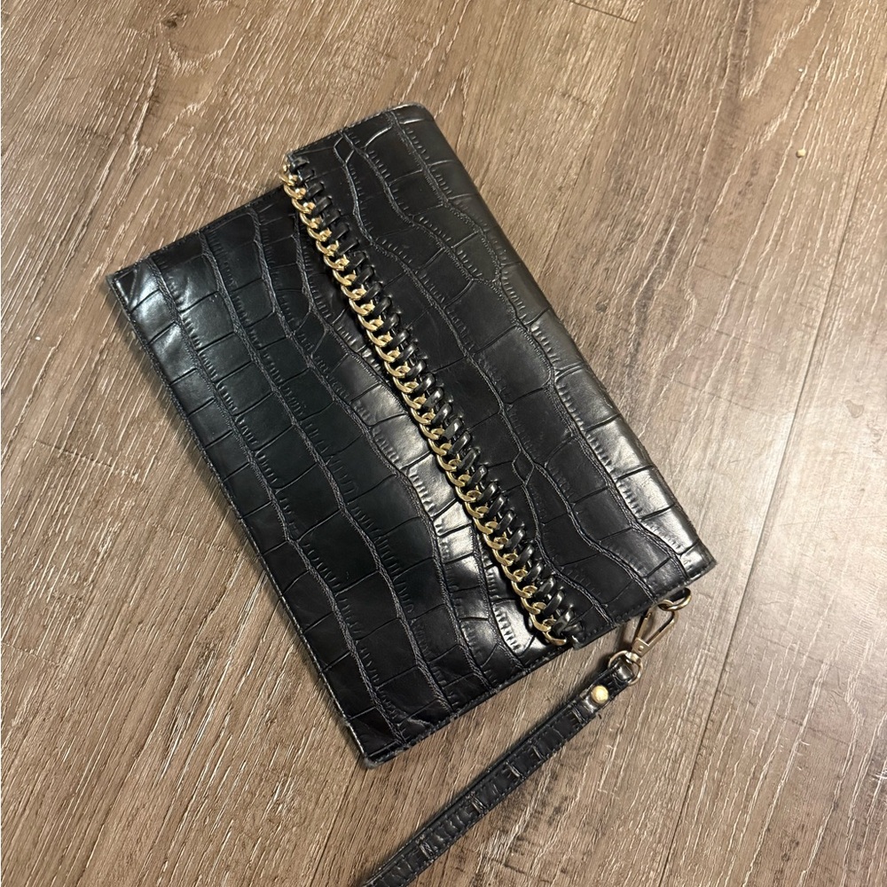 Black Croc-Embossed Clutch with Chain Detail